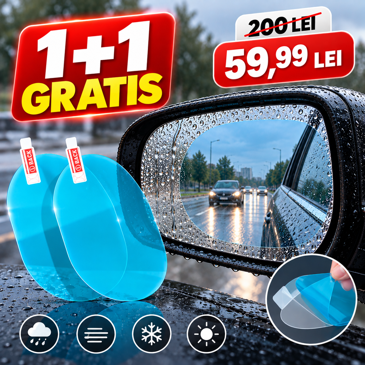1+1  Folie Anti-Ceață pentru Oglinzi Auto, Impermeabilă, pentru Vizibilitate Clară pe Ploaie